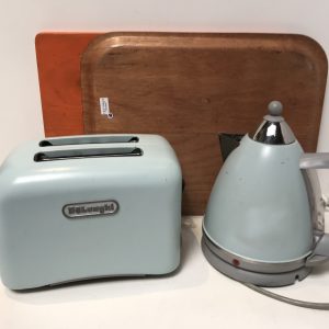 blue toaster and kettle