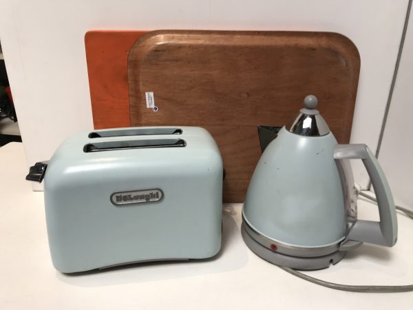 blue toaster and kettle